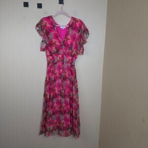 Le Ragazze Short Ruffle Sleeve Maxi Dress in Pink F;oral Butterly Size M